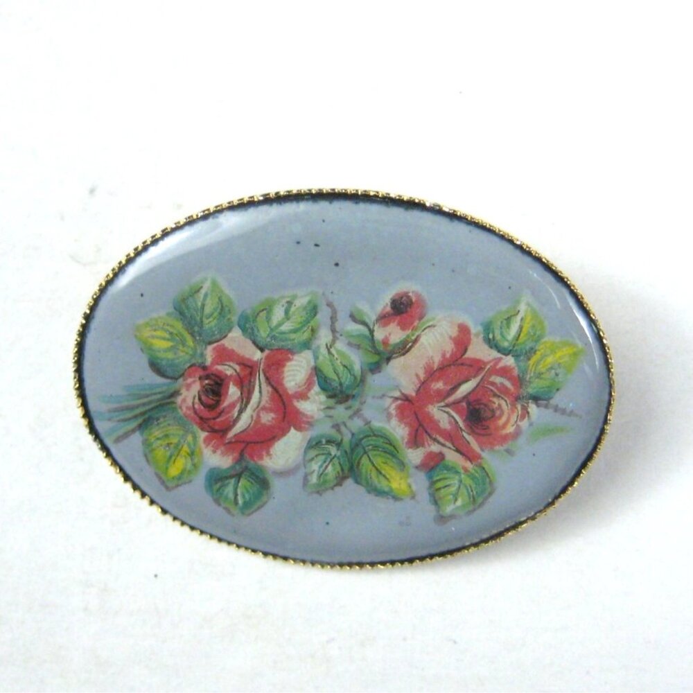Vintage Oval Floral Hand Painted Glass Rose Pin Brooch Gold Tone Trim Oval